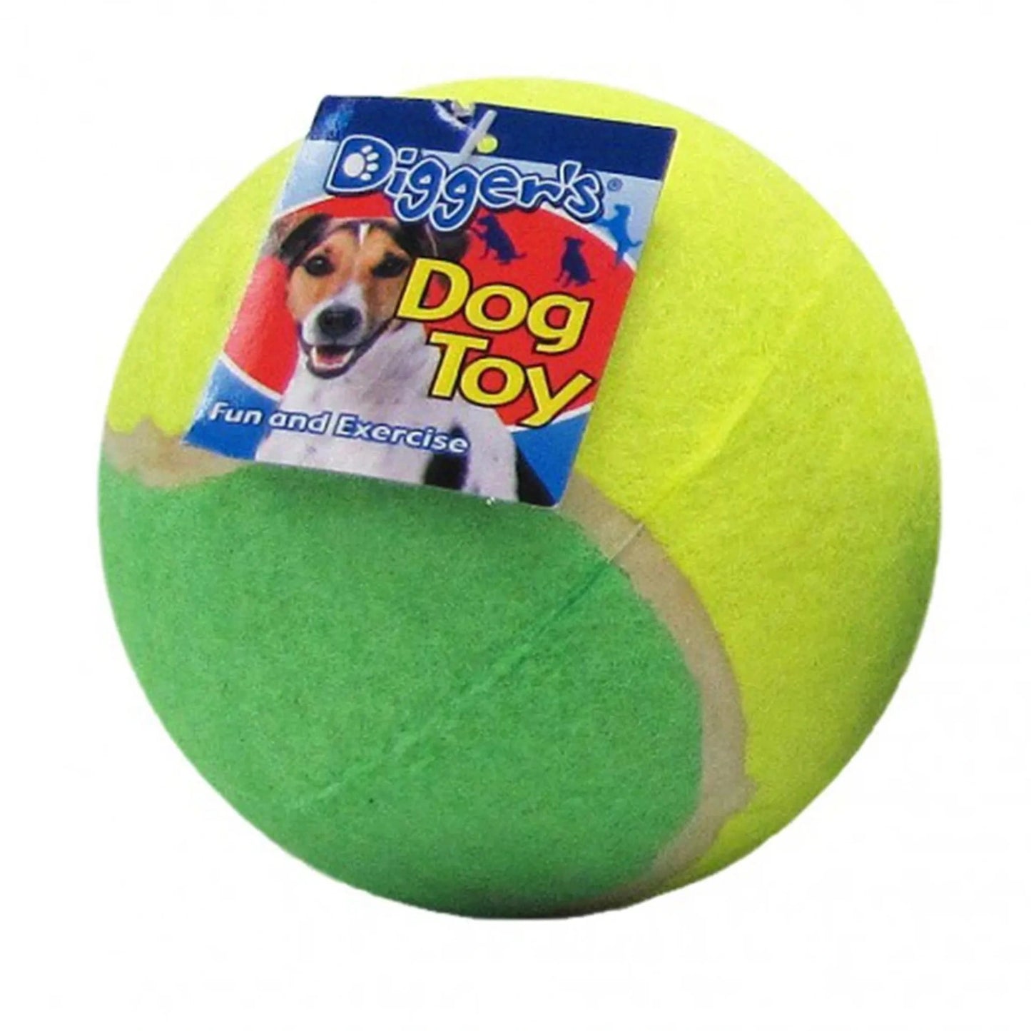 Digger's large two-tone yellow and green tennis ball dog fetch toy with textured felt surface