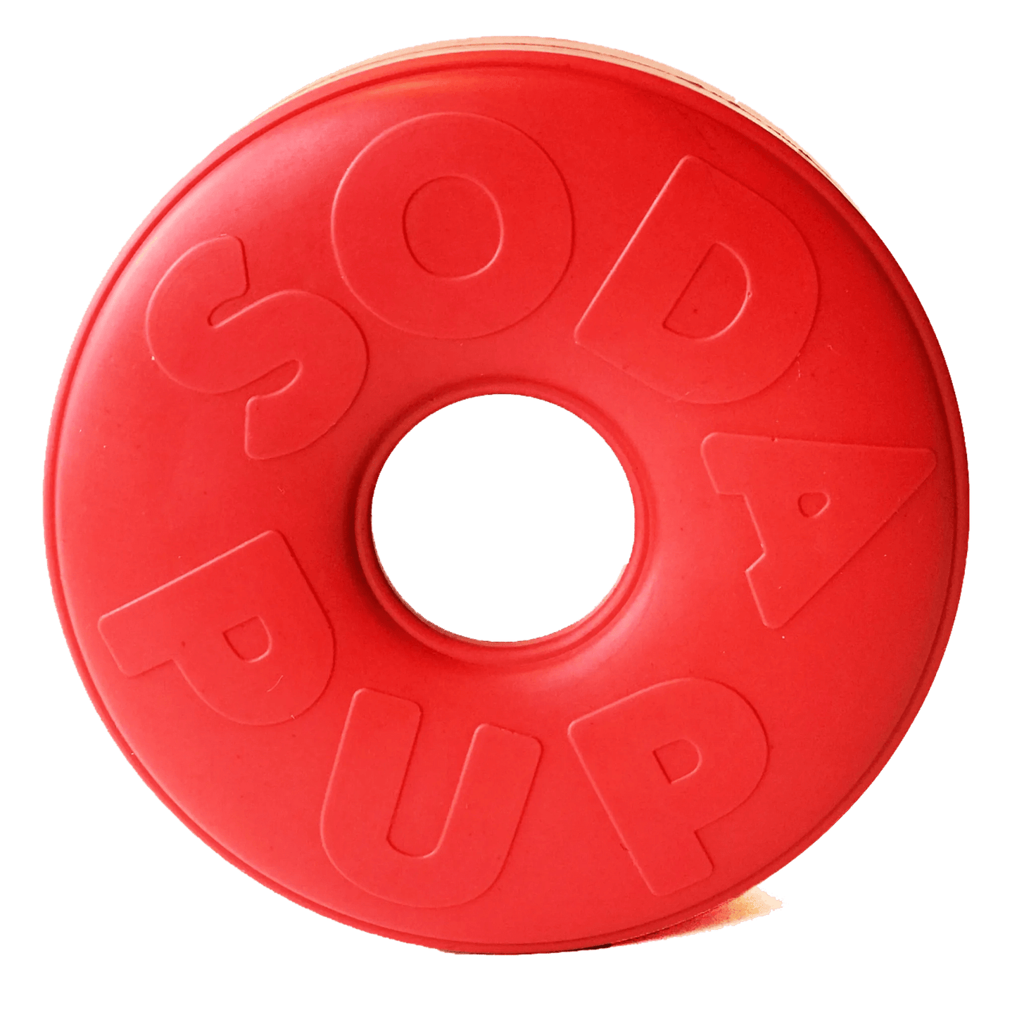Top view of red SodaPup Life Ring rubber dog toy with embossed brand name on white background