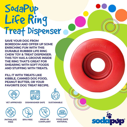 Top view of red SodaPup Life Ring rubber dog toy with embossed brand name on white background