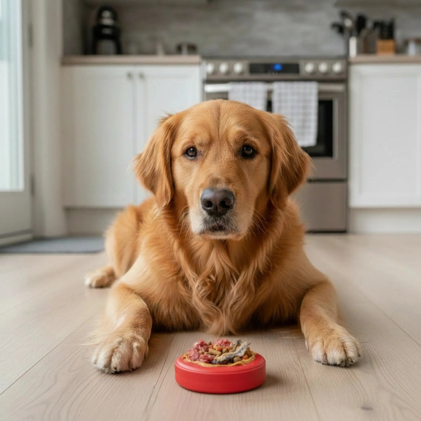 Golden retriever playing with red SodaPup Life Ring tough rubber treat dispenser filled with peanut butter