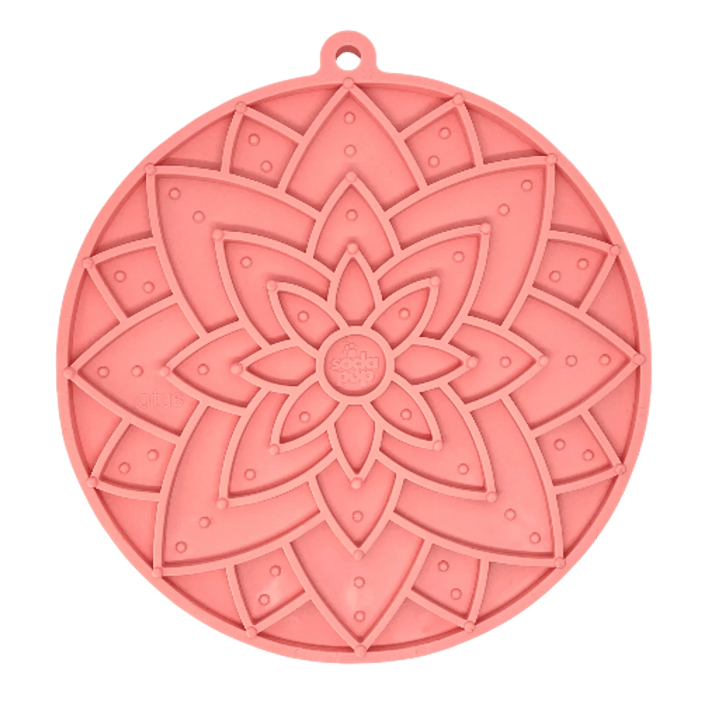 Coral pink SodaPup Lotus silicone lick mat with suction cups for slow feeding and grooming