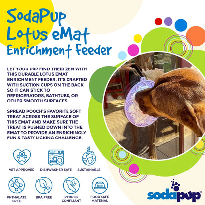 Brown dog using purple SodaPup Lotus eMat suction cup feeder on glass surface with treats