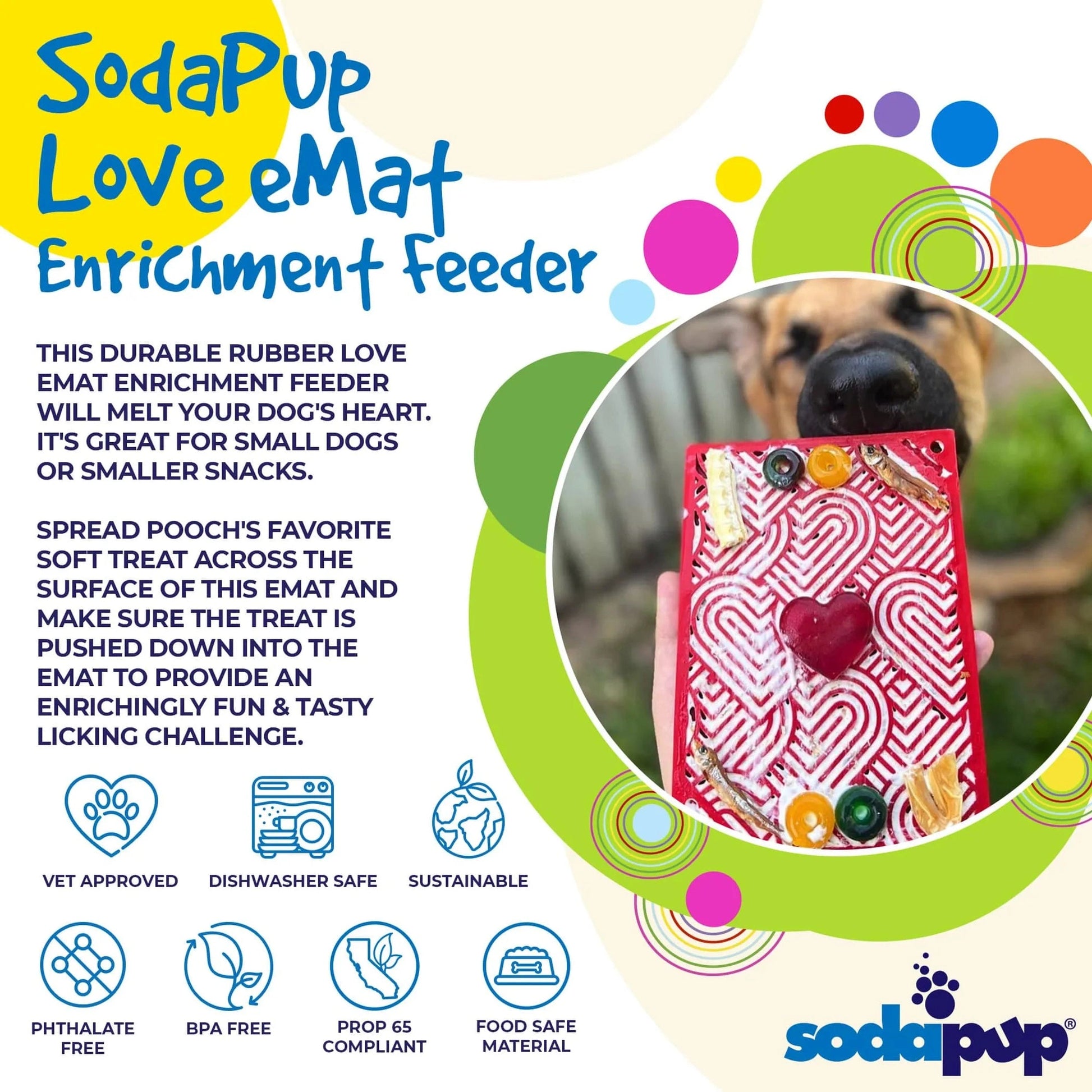 Red heart lick mat filled with treats showing vet approved food safe features