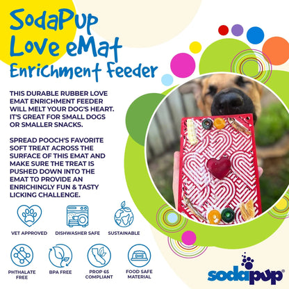 Red heart lick mat filled with treats showing vet approved food safe features