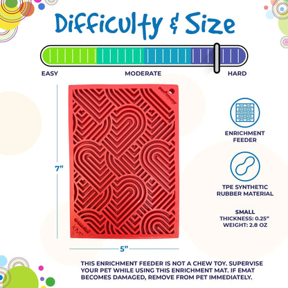 SodaPup red small heart lick mat with difficulty scale and TPE rubber specs