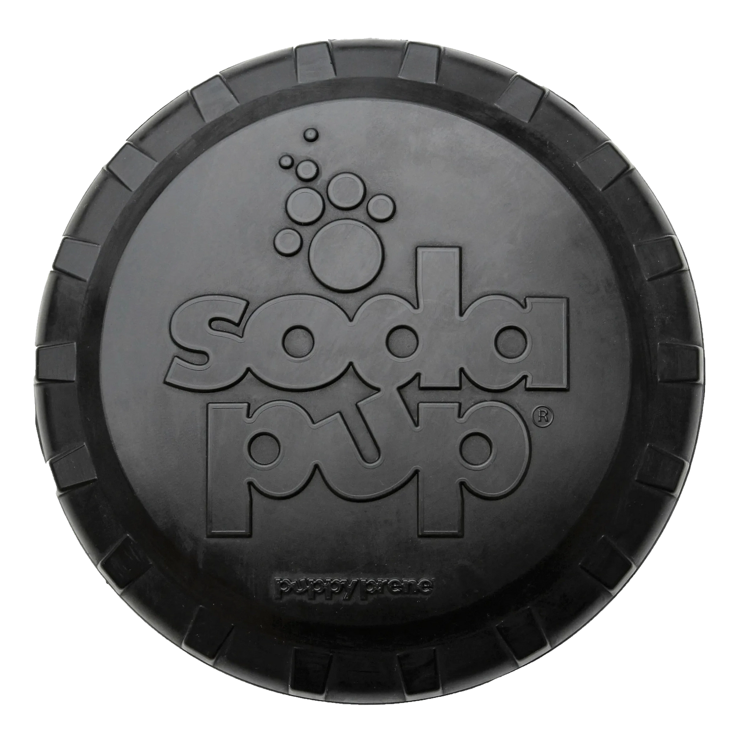 Black SodaPup Bottle Top Flyer frisbee with embossed logo and ribbed rim