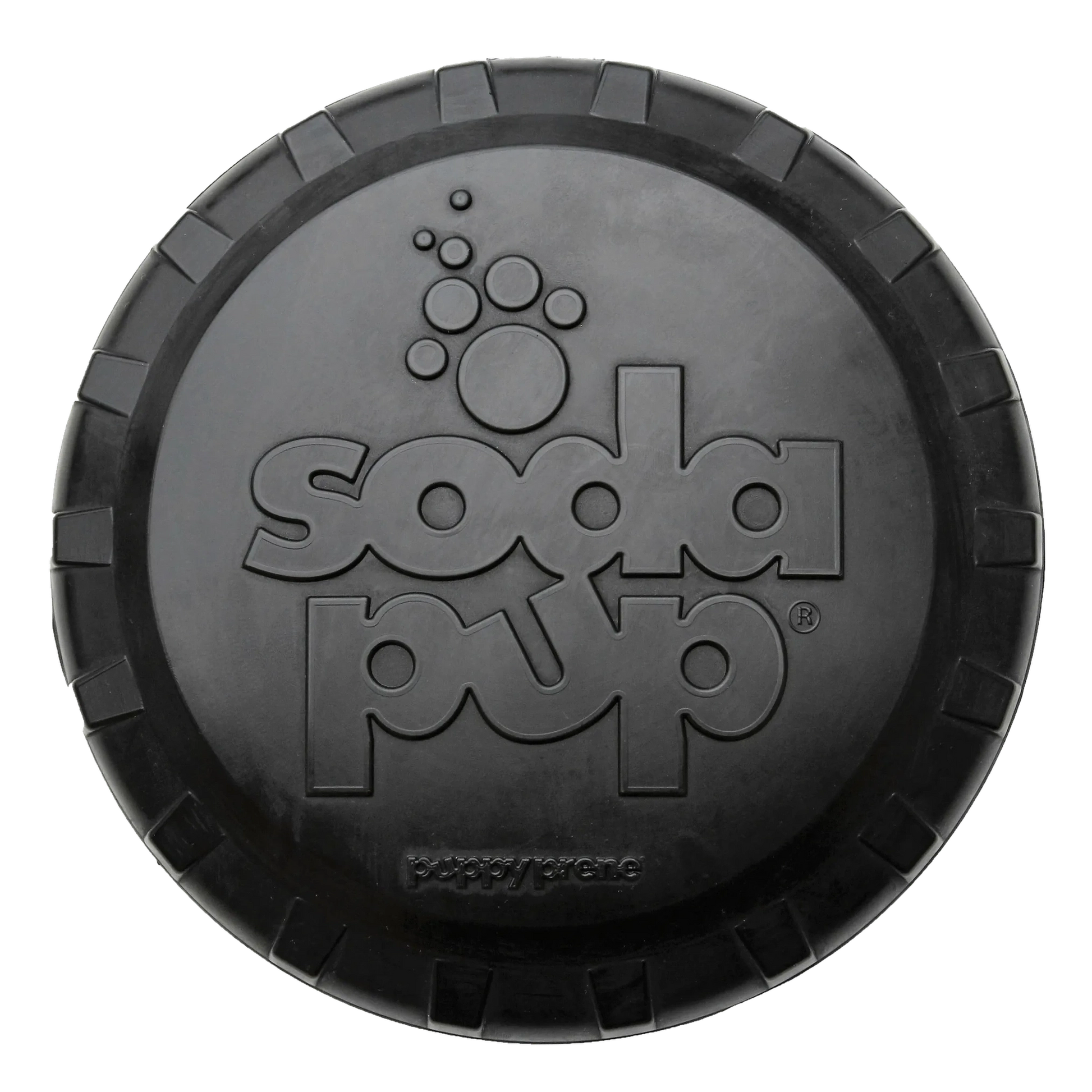 Black SodaPup Bottle Top Flyer frisbee with embossed logo and ribbed rim
