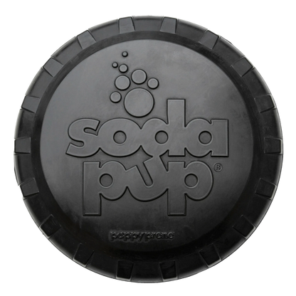 Black SodaPup Bottle Top Flyer frisbee with embossed logo and ribbed rim