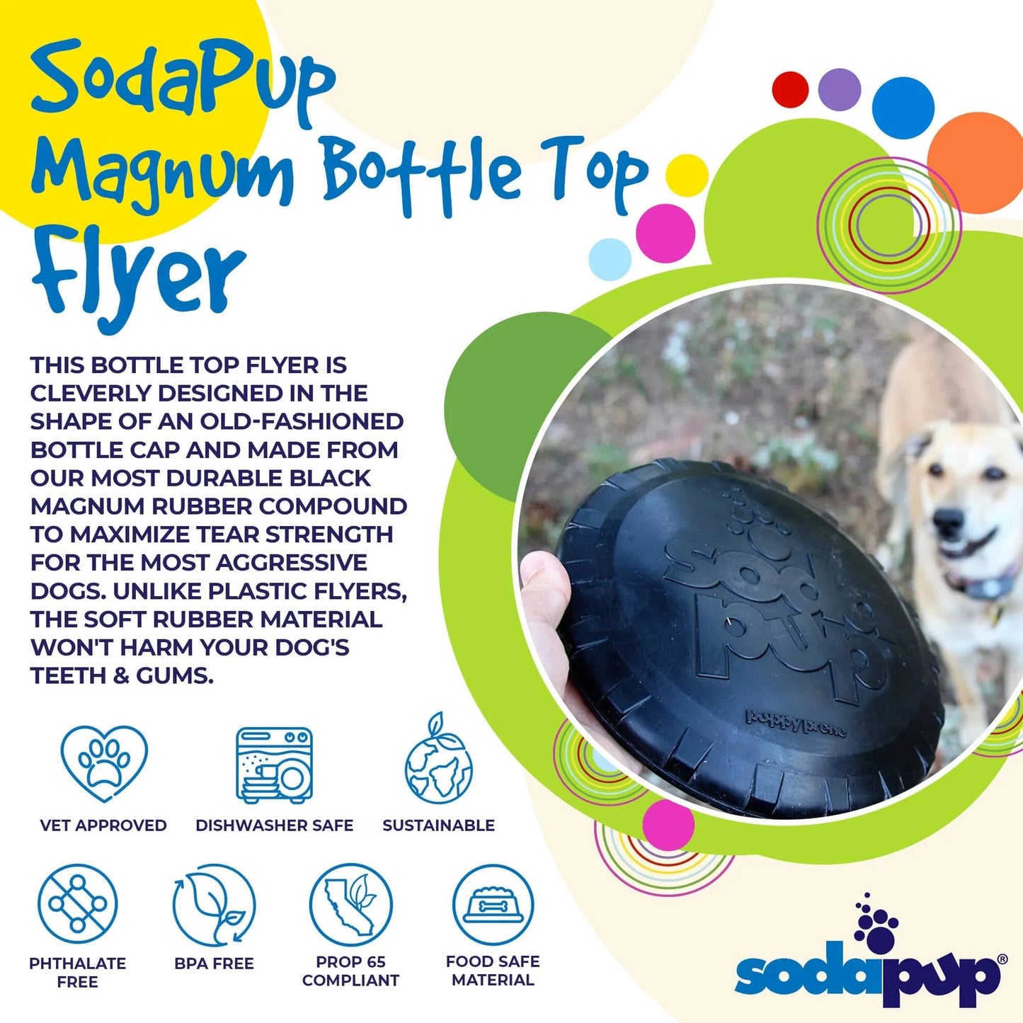 SodaPup Magnum natural rubber frisbee highlighting vet-approved and food-safe features