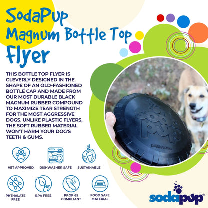 SodaPup Magnum natural rubber frisbee highlighting vet-approved and food-safe features
