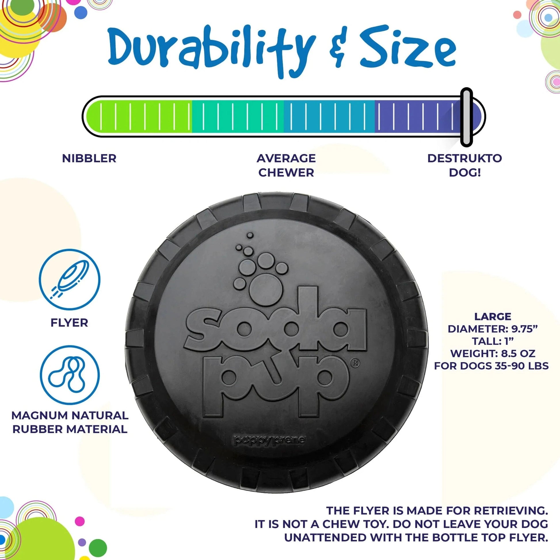 Large black flyer frisbee for dogs 35-90 lbs with durability chart and size specs