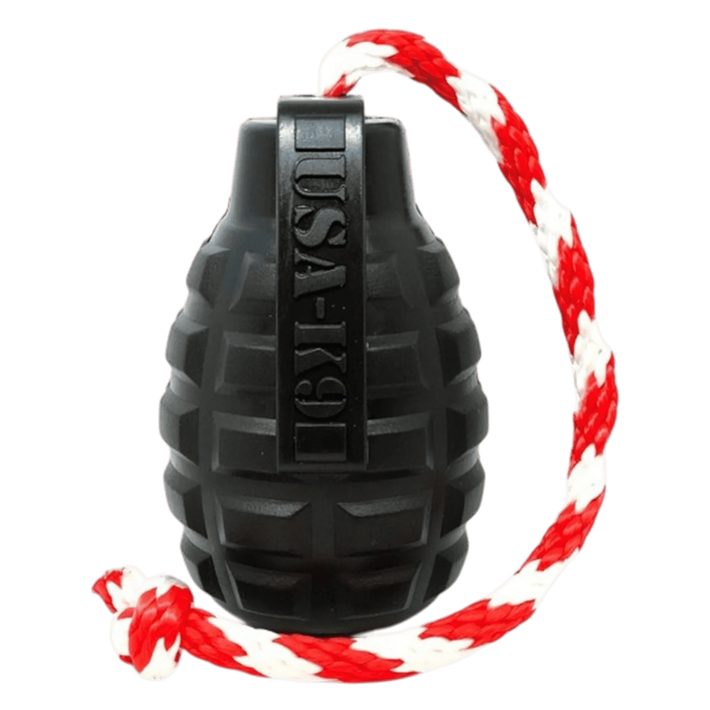 Black USA-K9 grenade-shaped rubber dog toy with textured surface and red-white braided rope