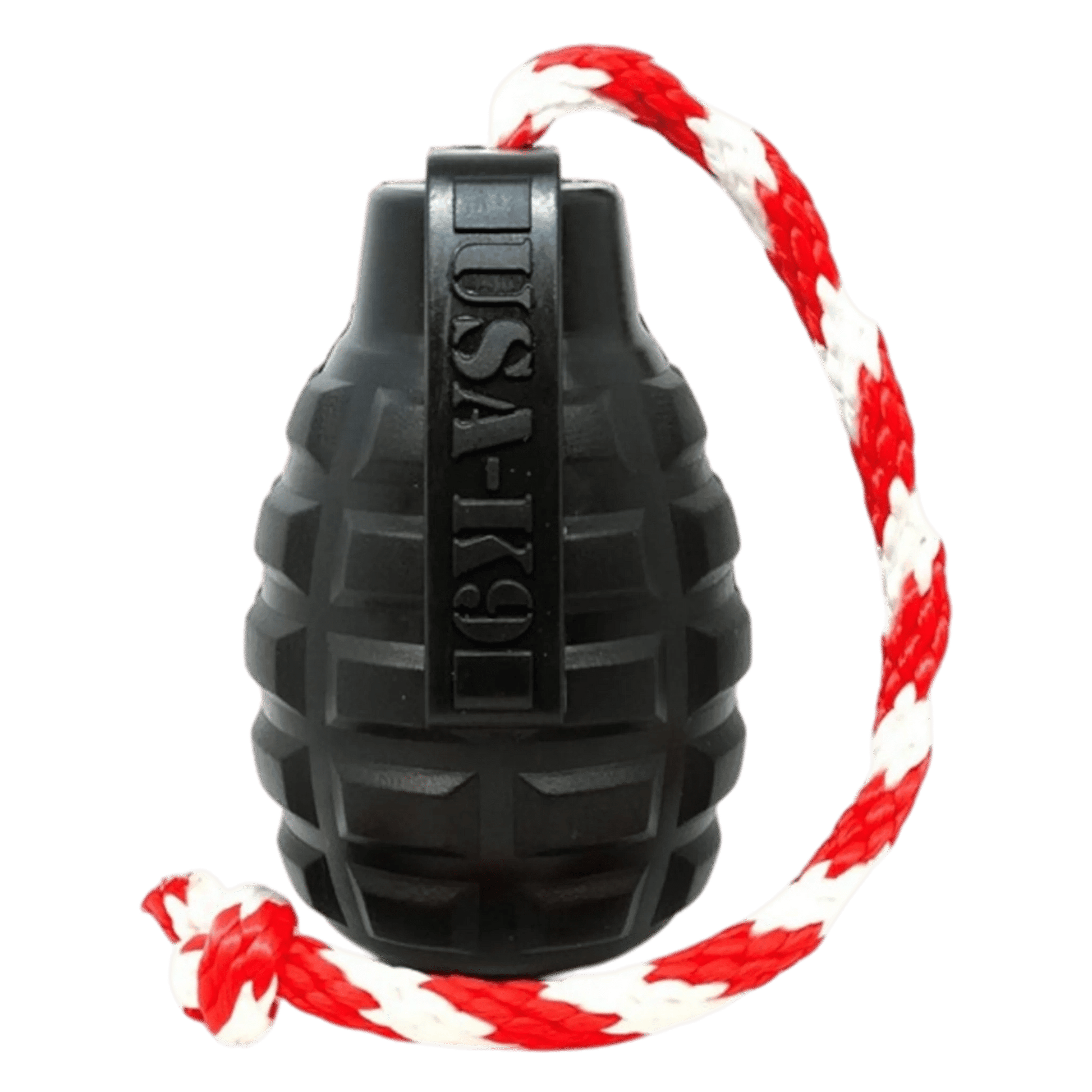 Black USA-K9 grenade-shaped rubber dog toy with textured surface and red-white braided rope
