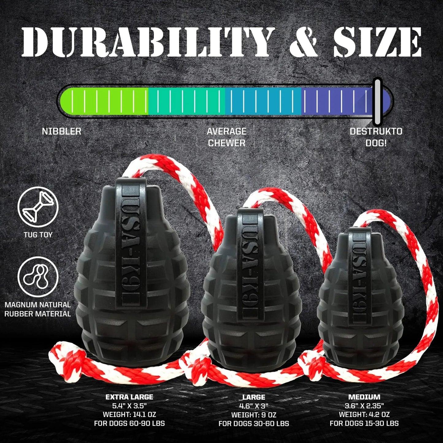 SodaPup USA-K9 Grenade rubber treat dispenser in medium, large, and extra large sizes for heavy chewers