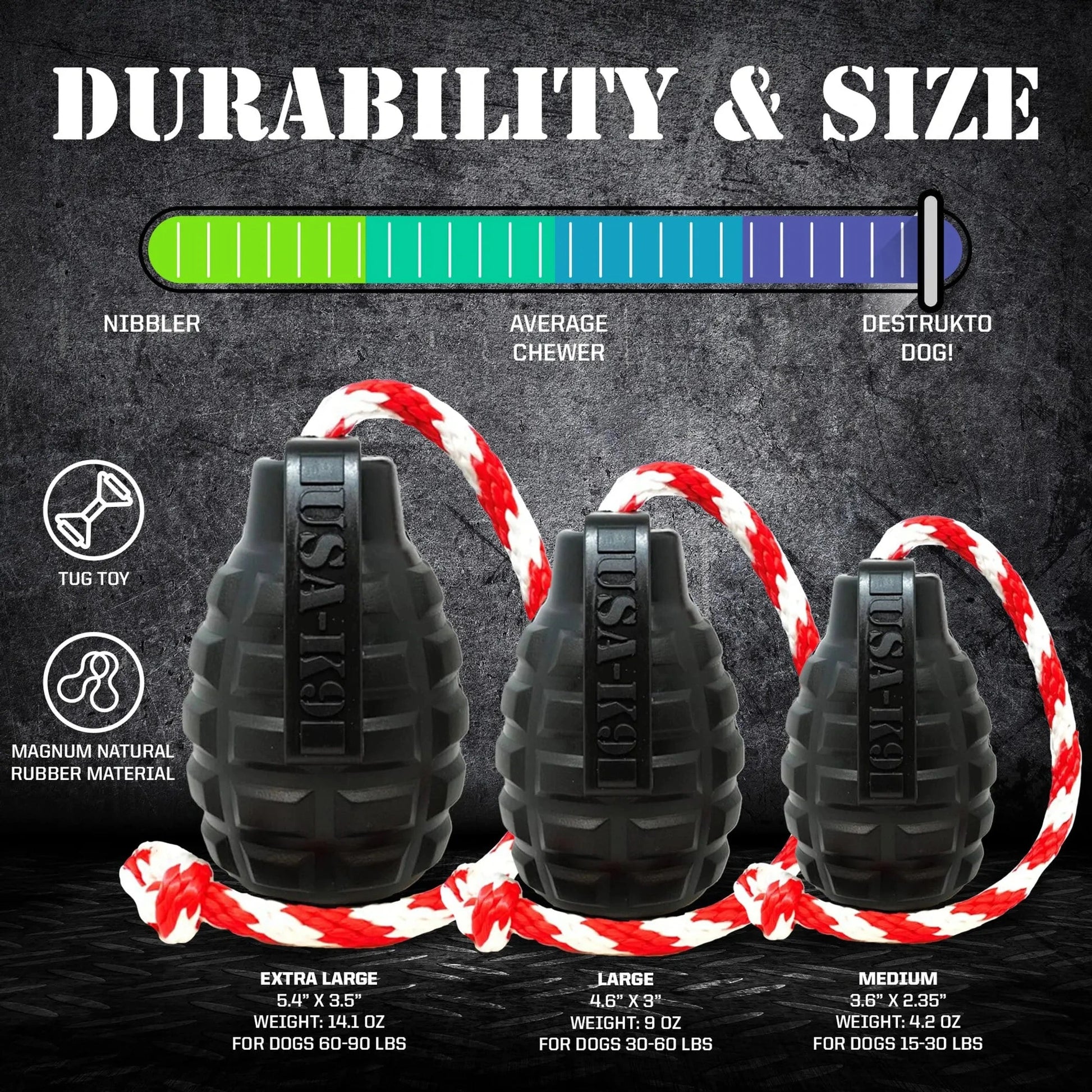 SodaPup USA-K9 Grenade rubber treat dispenser in medium, large, and extra large sizes for heavy chewers