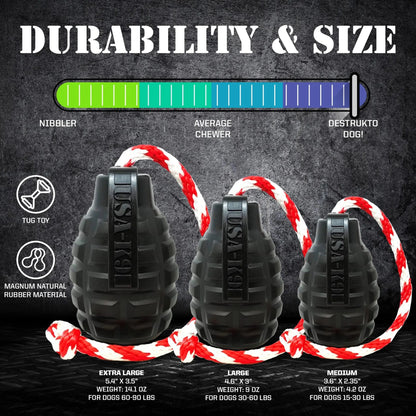 SodaPup USA-K9 Grenade rubber treat dispenser in medium, large, and extra large sizes for heavy chewers