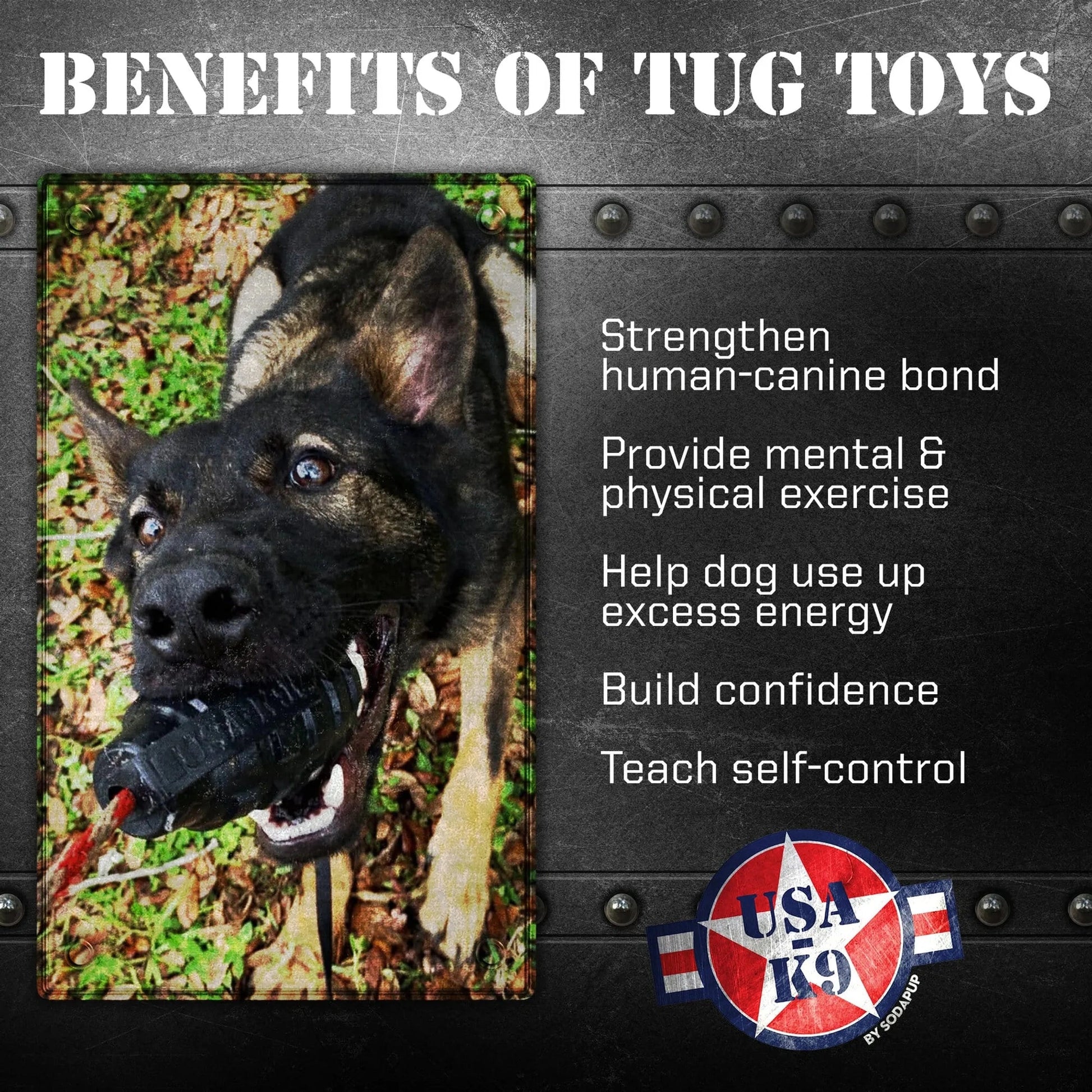 German Shepherd playing with black grenade tug toy to strengthen human-canine bond and provide exercise