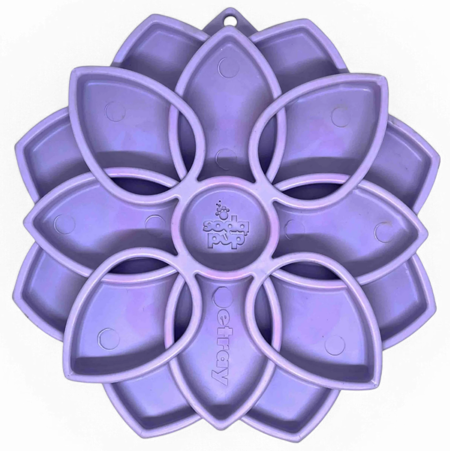 Purple flower-shaped SodaPup eTray mandala slow feeder with embossed logo and suction cups
