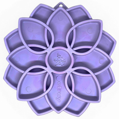 Purple flower-shaped SodaPup eTray mandala slow feeder with embossed logo and suction cups