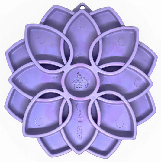 Purple flower-shaped SodaPup eTray mandala slow feeder with embossed logo and suction cups