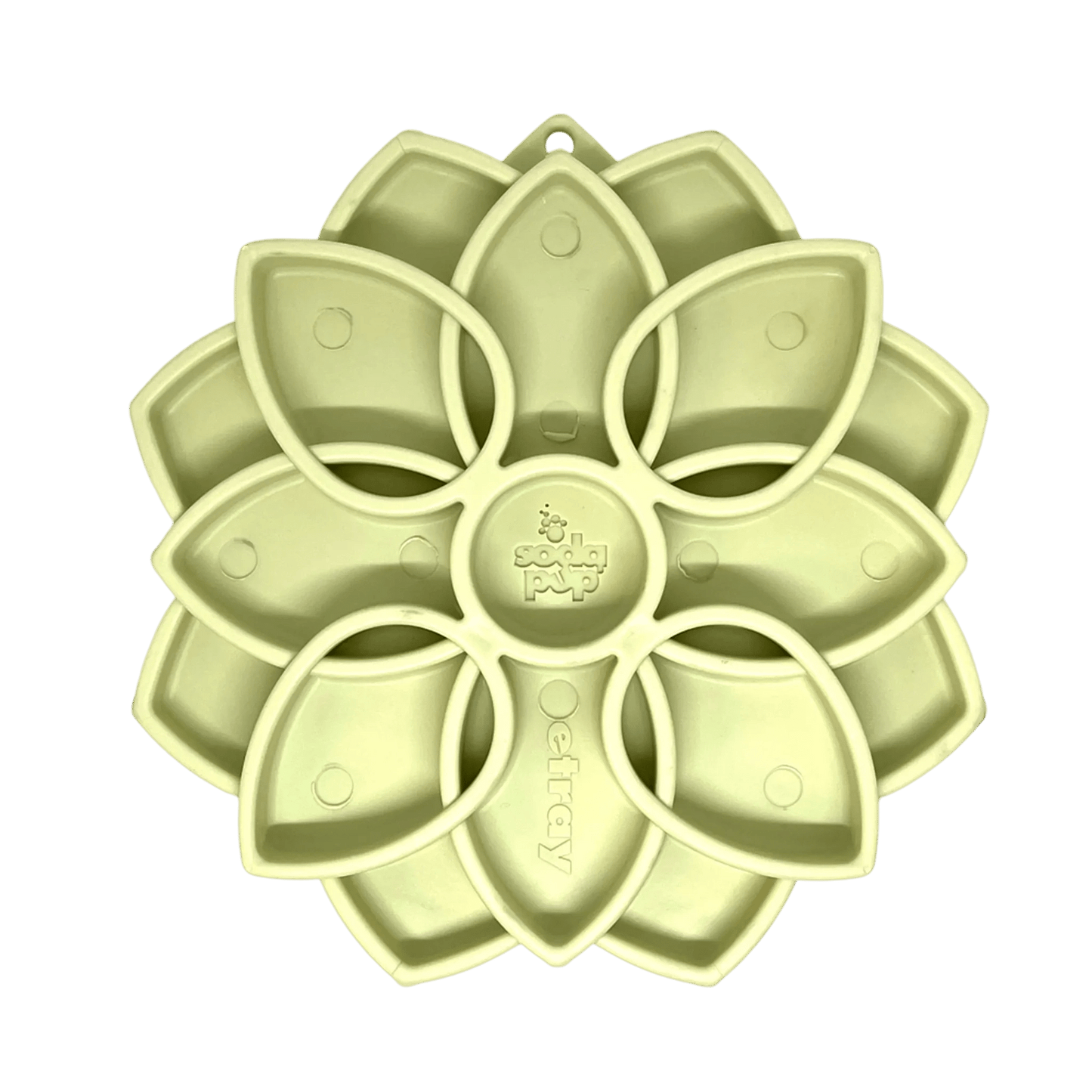 Light green flower-shaped SodaPup eTray mandala slow feeder with textured compartments