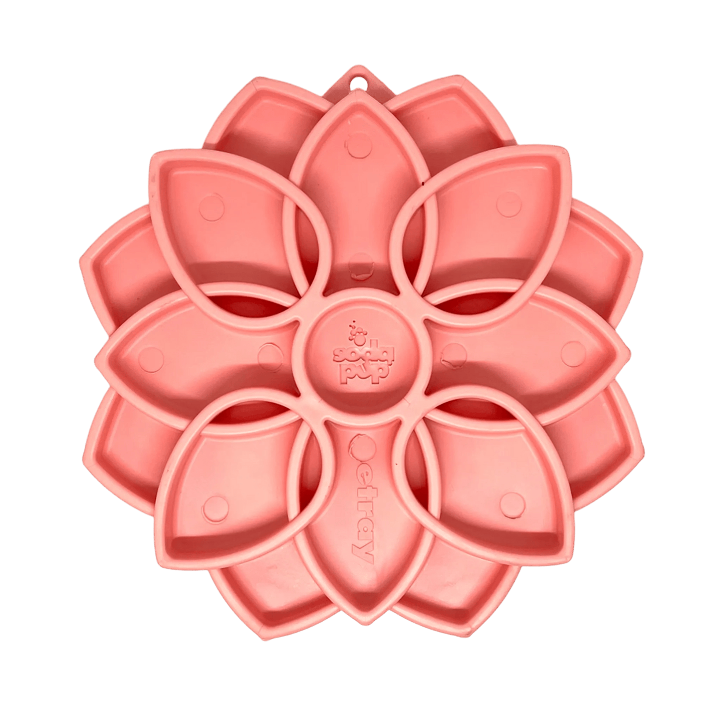 Coral-pink flower-shaped SodaPup eTray mandala slow feeder with embossed branding