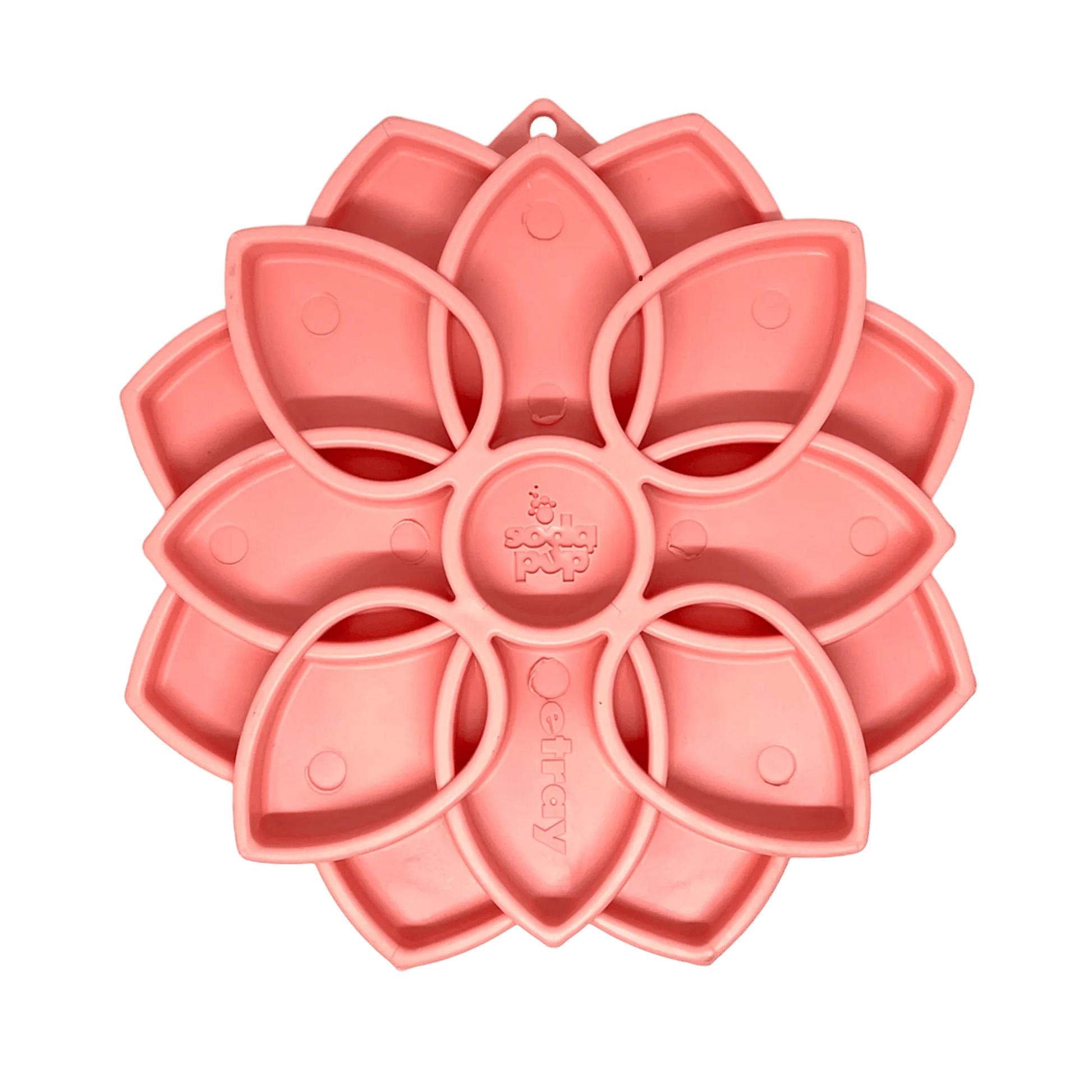 Coral-pink flower-shaped SodaPup eTray mandala slow feeder with embossed branding