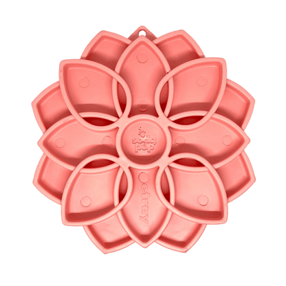 Coral-pink flower-shaped SodaPup eTray mandala slow feeder with embossed branding