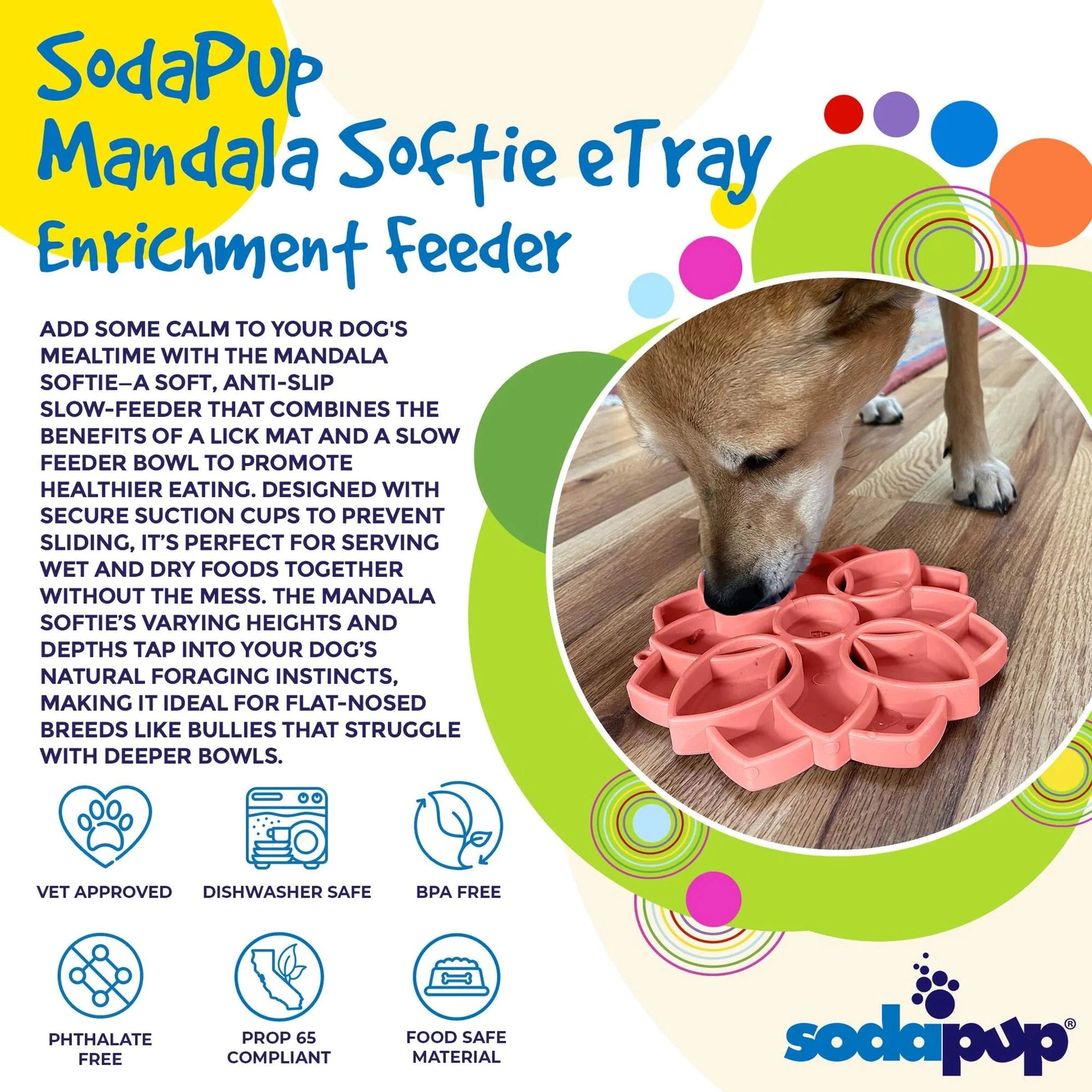 Tan dog eating from pink SodaPup Mandala Softie slow feeder lick mat on wooden floor