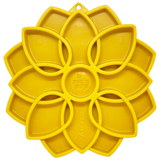 Yellow SodaPup Mandala slow feeder dog lick mat with flower design
