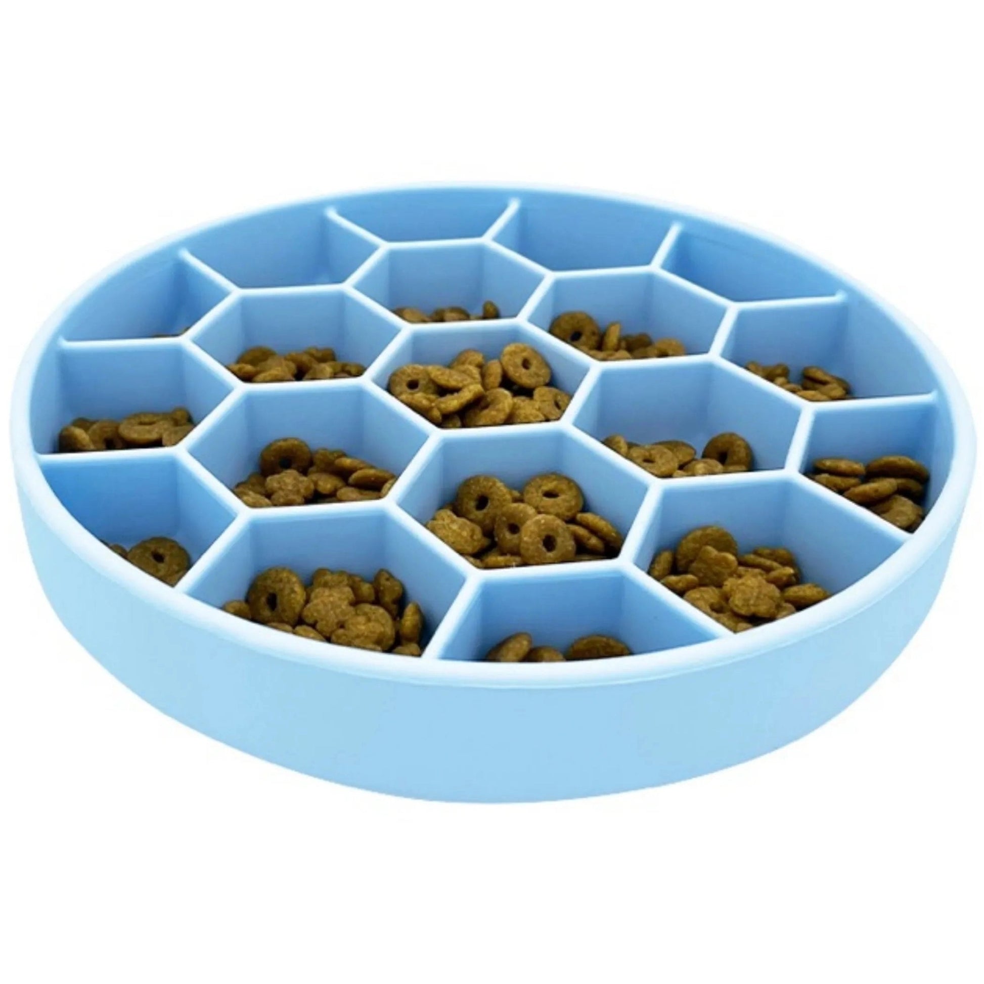 Mr. Peanut's light blue silicone slow feeder dog bowl with honeycomb grid filled with kibble