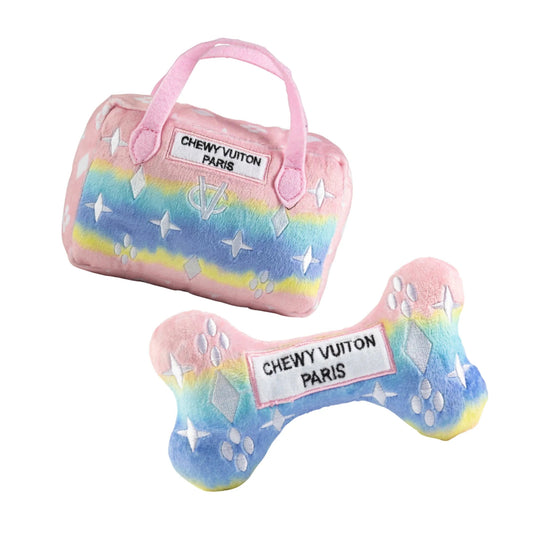 Ombre Chewy Vuiton Bundle dog chew toy with rainbow gradient handbag and bone featuring embroidered stars and paw prints