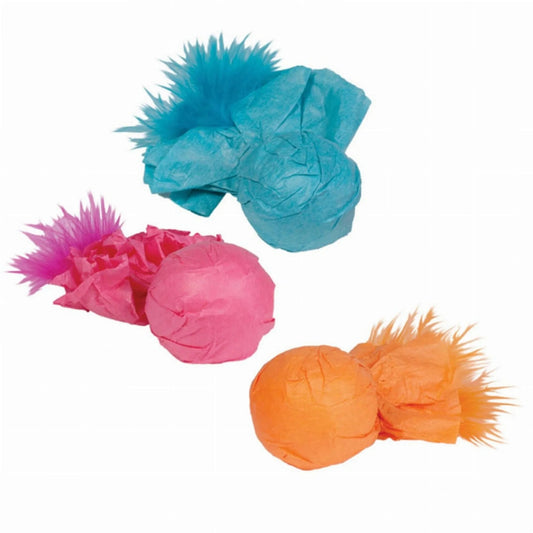 Kylie's Brights 3-pack paper ball rattler fetch toys with colorful feathers for cats and dogs