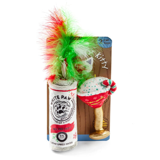 Paw & Cattini Christmas catnip toy set with cocktail glass and candy cane treat dispensers