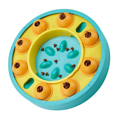 Teal and yellow empty puzzle feeder with eight removable orange dome-shaped cups