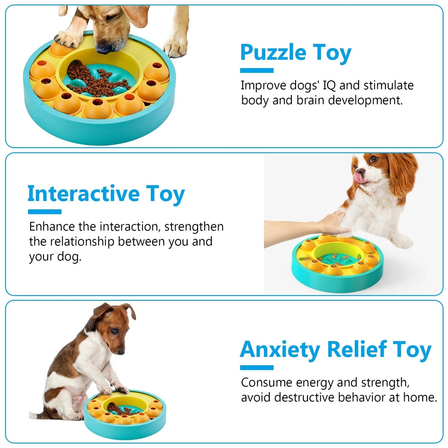 Interactive dog puzzle toy improving IQ and reducing anxiety with teal rim design