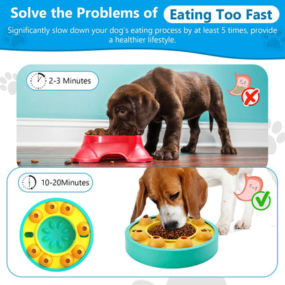 Slow feeder puzzle game reducing eating time from minutes to twenty minutes for dogs