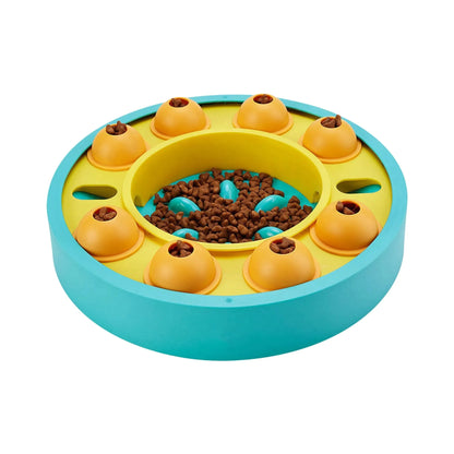Top view of circular pet puzzle feeder with turquoise rim and kibble-filled center