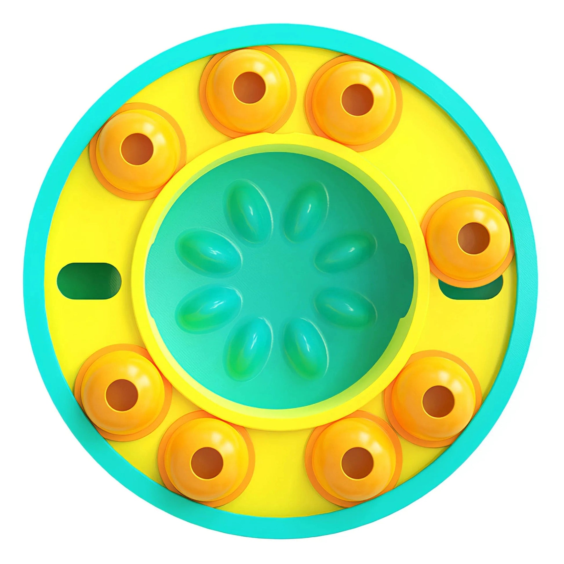 Symmetrical teal and yellow puzzle feeder with radial ridges and open-top orange cups