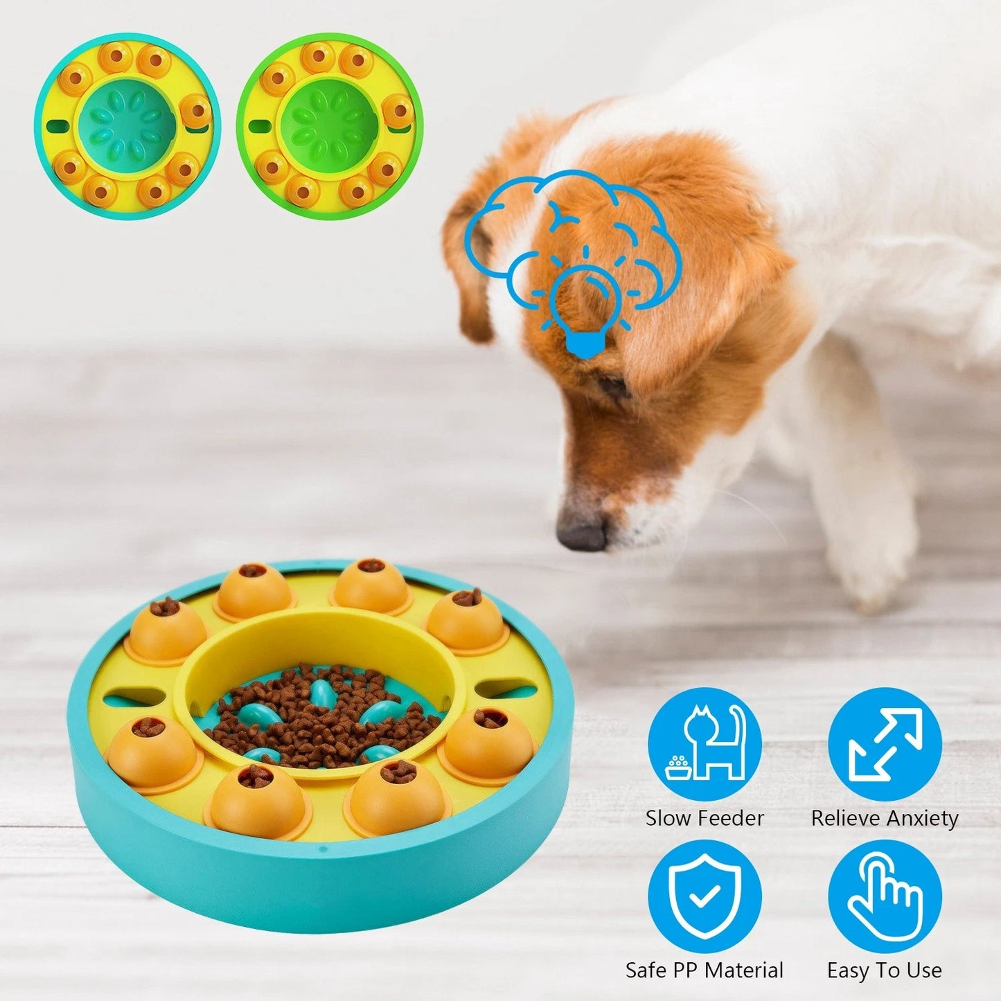 Turquoise and yellow Piggy Poo slow feeder puzzle game with orange domes for dogs