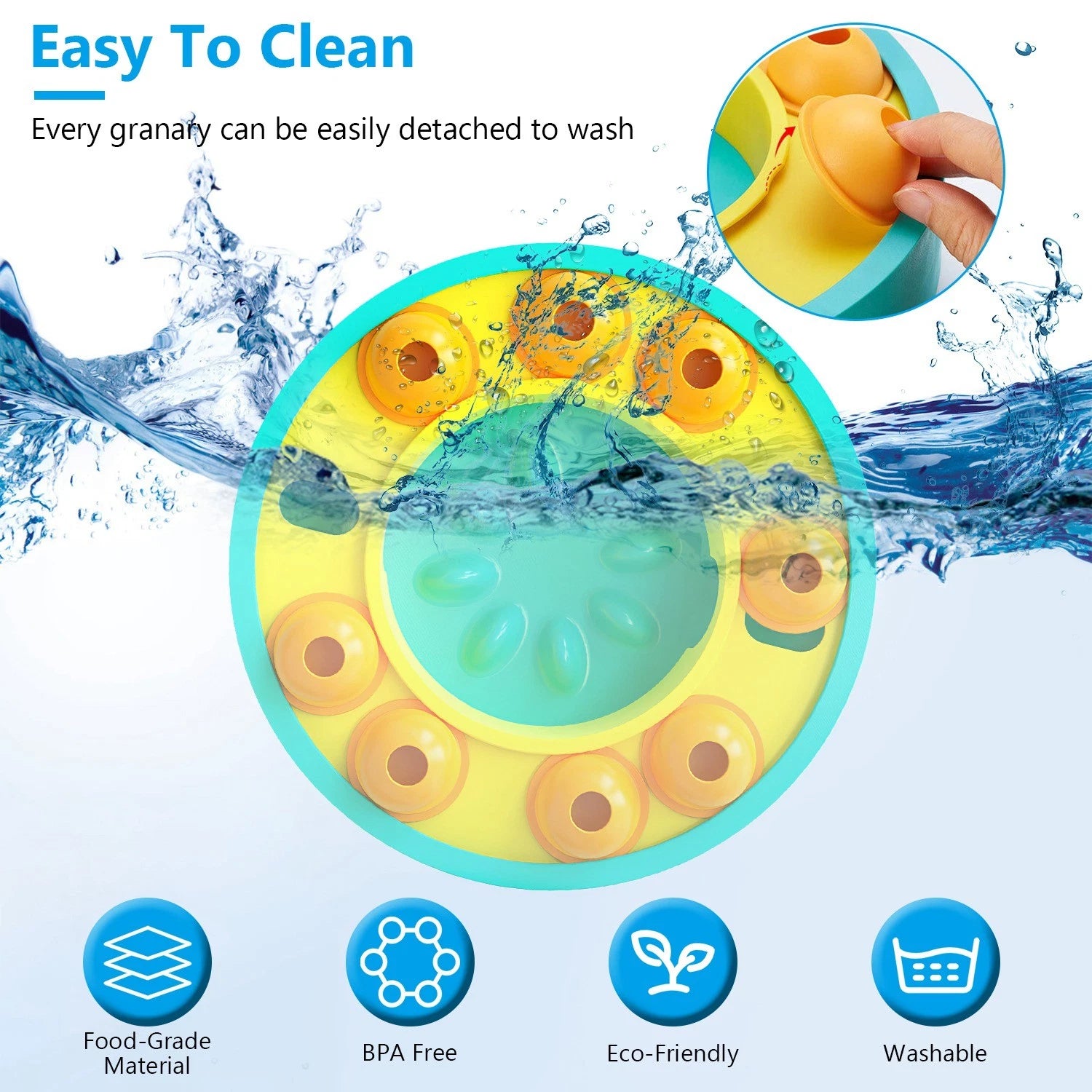 Washable teal and yellow puzzle feeder with detachable granary cups for easy cleaning