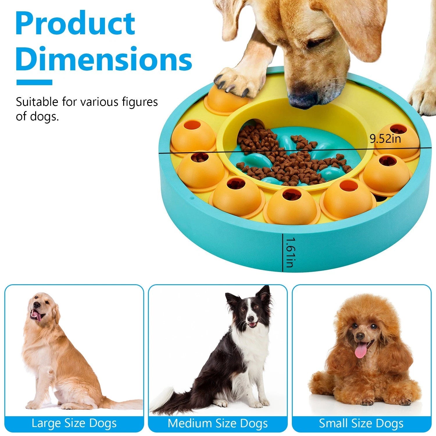 Dog puzzle feeder dimensions showing fit for small, medium, and large breeds