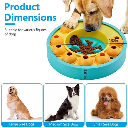Dog puzzle feeder dimensions showing fit for small, medium, and large breeds