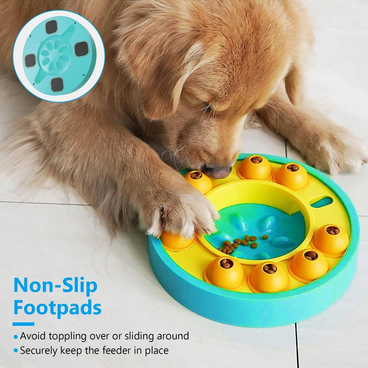 Golden retriever using teal slow feeder with non-slip footpads and detachable cups