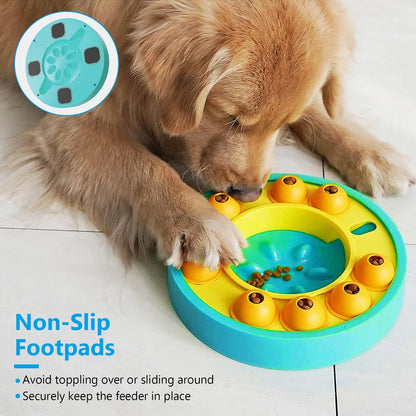 Golden retriever using teal slow feeder with non-slip footpads and detachable cups