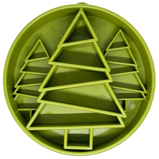 Green SodaPup pine tree design slow feeder bowl top view with segmented chambers