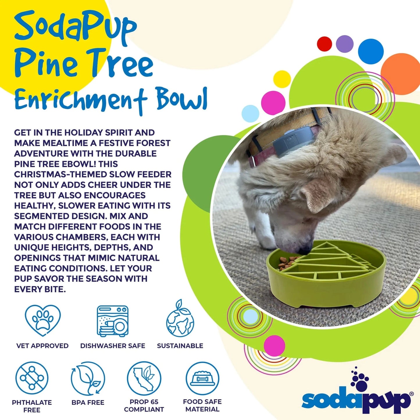 Dog eating from green pine tree enrichment slow feeder bowl with dishwasher safe icons