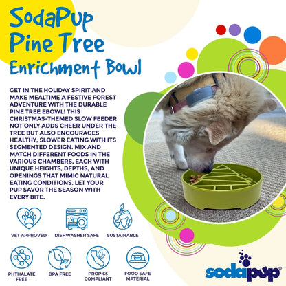 Dog eating from green pine tree enrichment slow feeder bowl with dishwasher safe icons