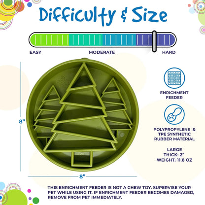 SodaPup green pine tree slow feeder bowl diagram with dimensions and hard difficulty scale