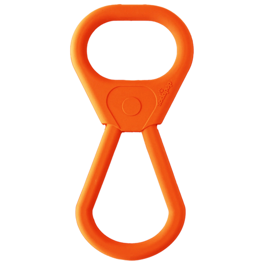 Orange SodaPup figure-eight rubber tug toy with human and dog grip loops